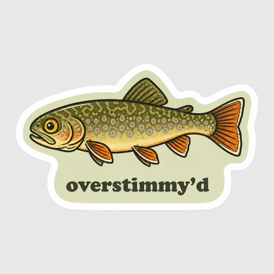 Illustrated brook trout with orange fins above overstimmy’d lettering on a pale green sticker