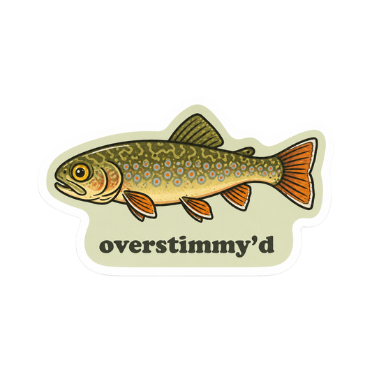 Overstimmy’d 3-inch die-cut brook trout vinyl sticker with orange fins and blue-halo spots