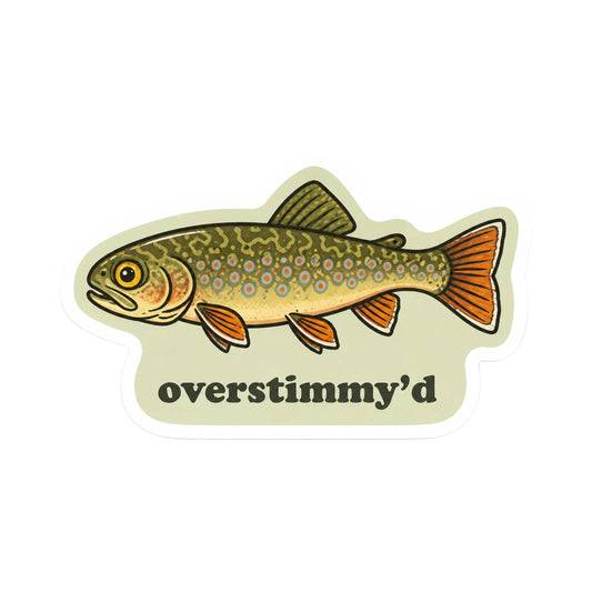 Overstimmy’d 3-inch die-cut brook trout vinyl sticker with orange fins and blue-halo spots