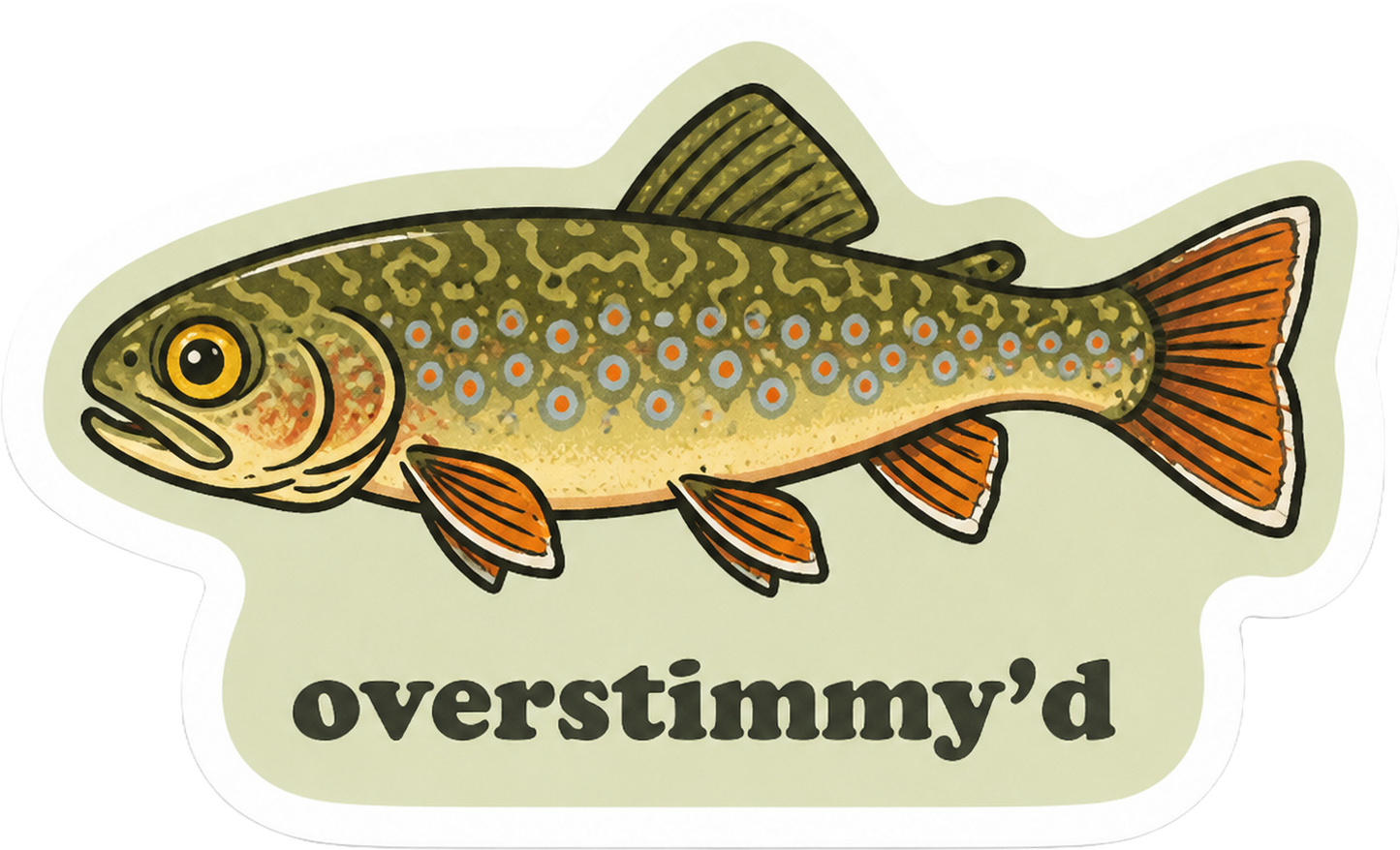Overstimmy’d 3-inch die-cut brook trout vinyl sticker with orange fins and blue-halo spots