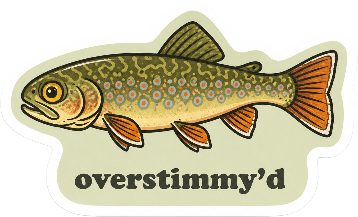 Overstimmy’d 3-inch die-cut brook trout vinyl sticker with orange fins and blue-halo spots