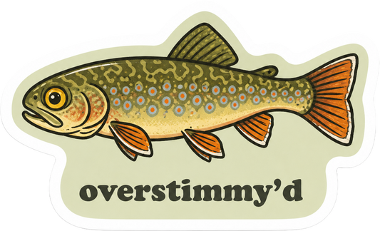 Overstimmy’d 3-inch die-cut brook trout vinyl sticker with orange fins and blue-halo spots