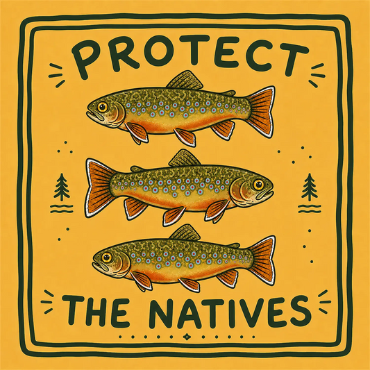 Three illustrated brook trout on a golden yellow sticker with green Protect the Natives lettering
