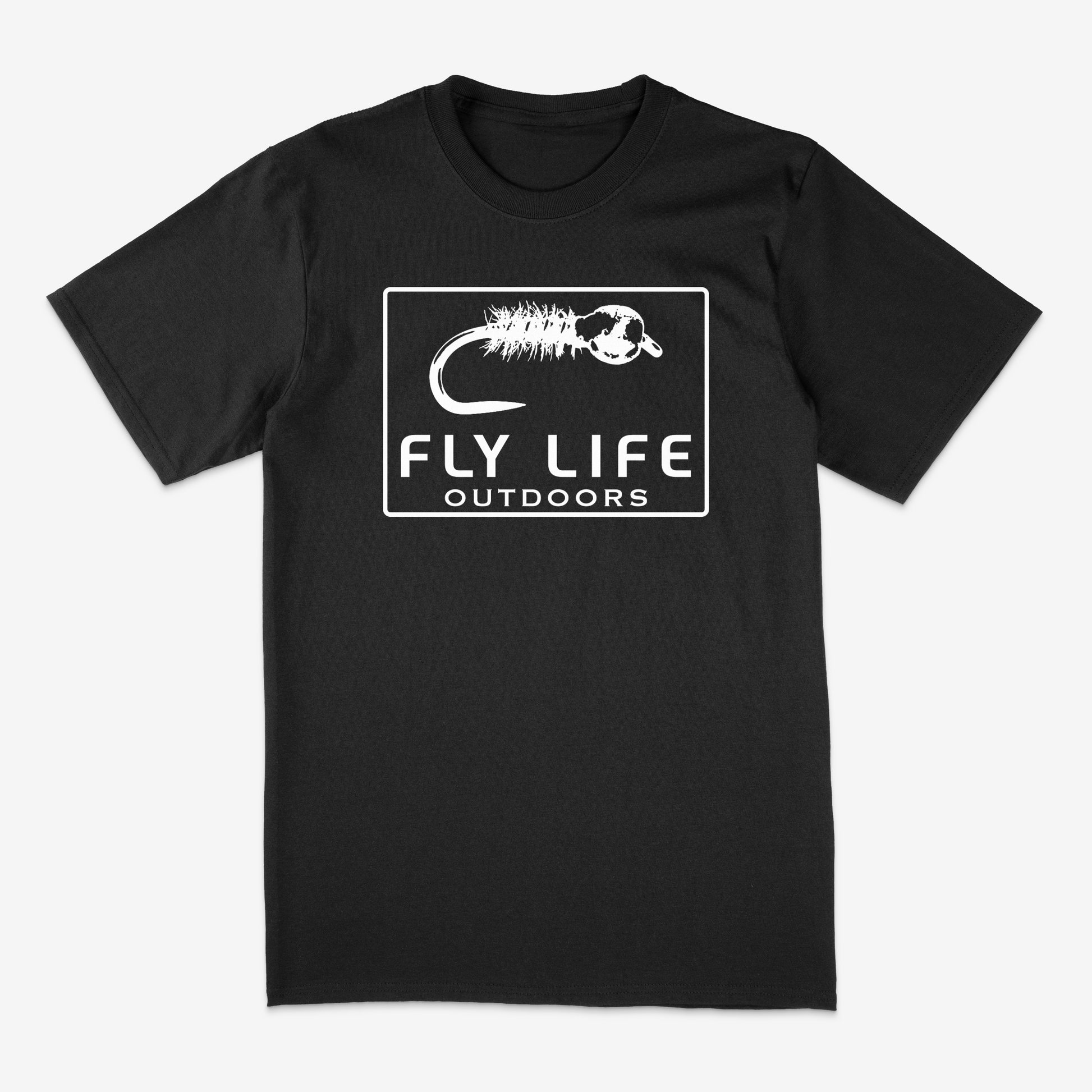 Front view of The Drift Tee by Fly Life Outdoors in black with white graphic.