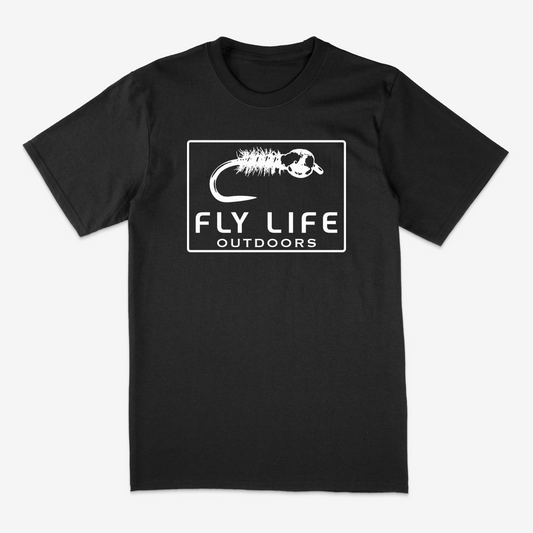 Front view of The Drift Tee by Fly Life Outdoors in black with white graphic.