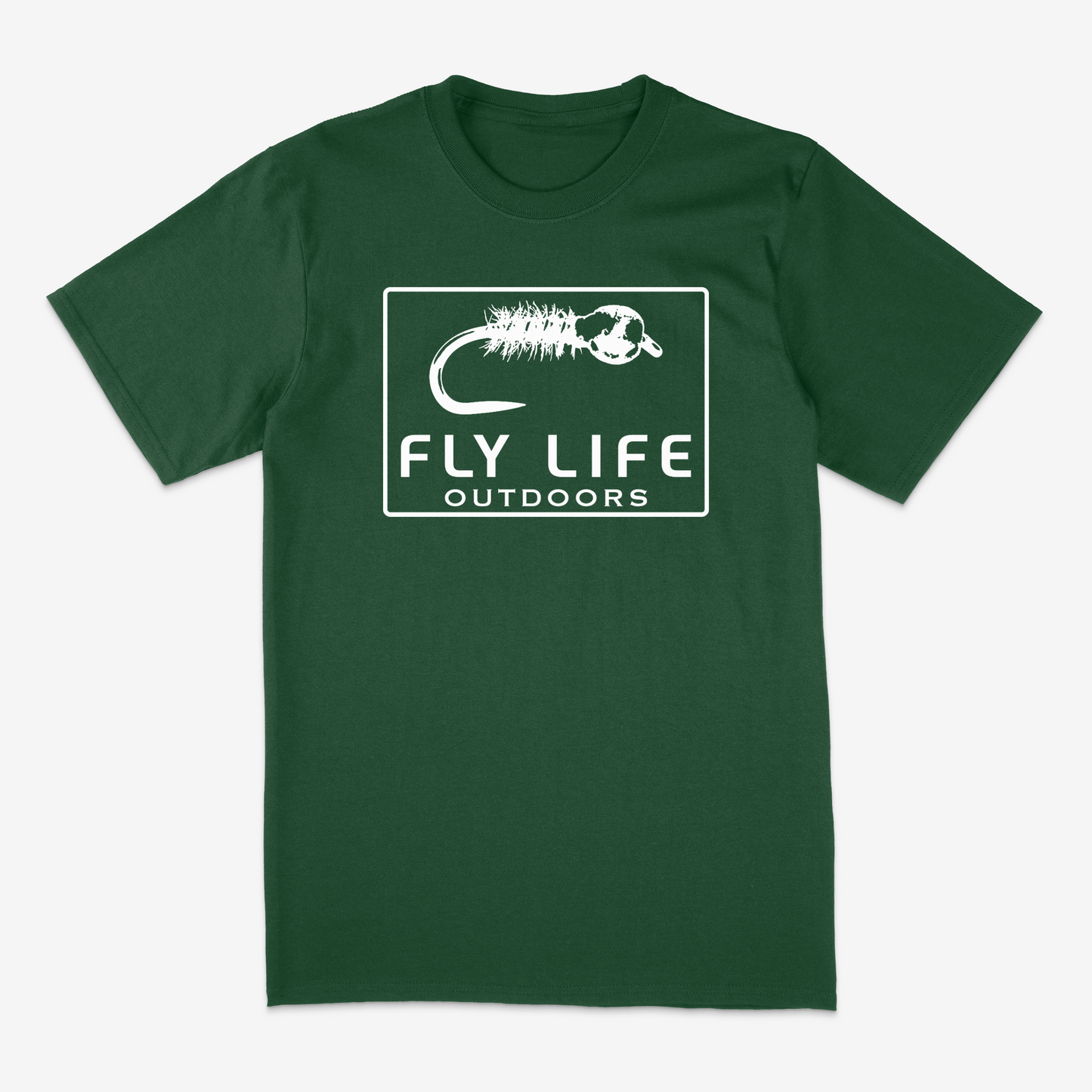 Front view of The Drift Tee by Fly Life Outdoors in forest green with white graphic.