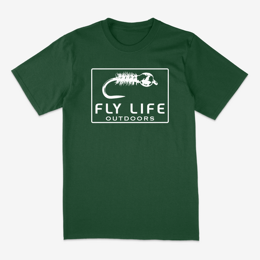 Front view of The Drift Tee by Fly Life Outdoors in forest green with white graphic.