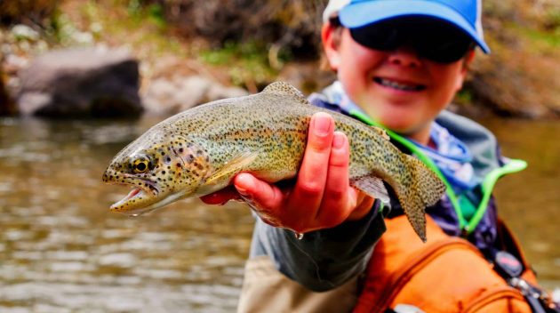 smiling kid holding rainbow trout